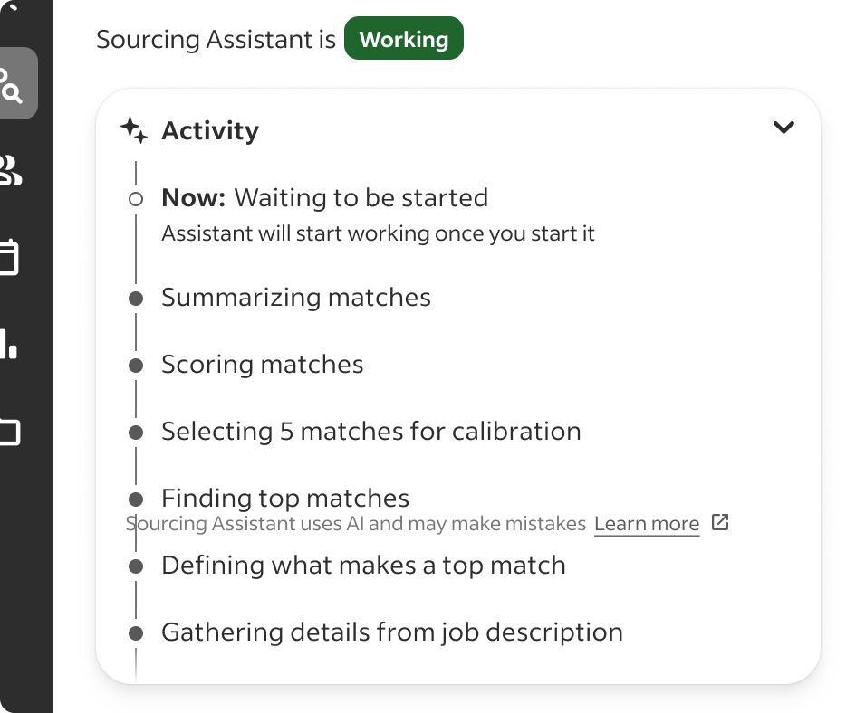 Activity feed detail showing agent sourcing actions and candidate contact history with finalized copy