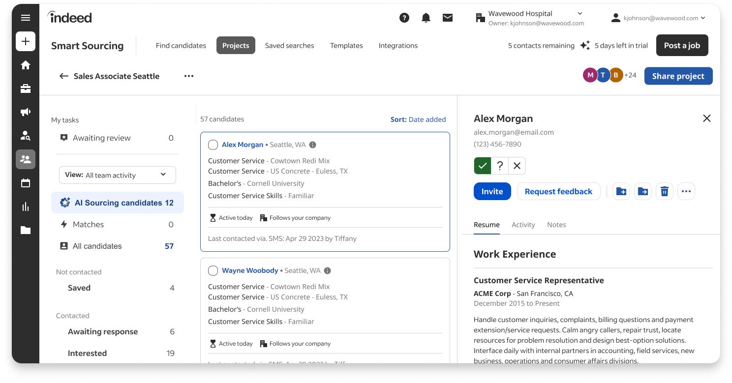 The Projects feature in Smart Sourcing showing AI Sourcing candidates queued for employer review, inside the surface employers already used for manual candidate management