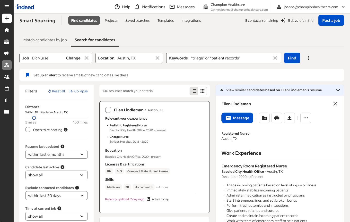 Screenshot of Indeed's existing Smart Sourcing product — the manual, keyword-driven tool that AI Sourcing had to coexist with in the same employer workflow
