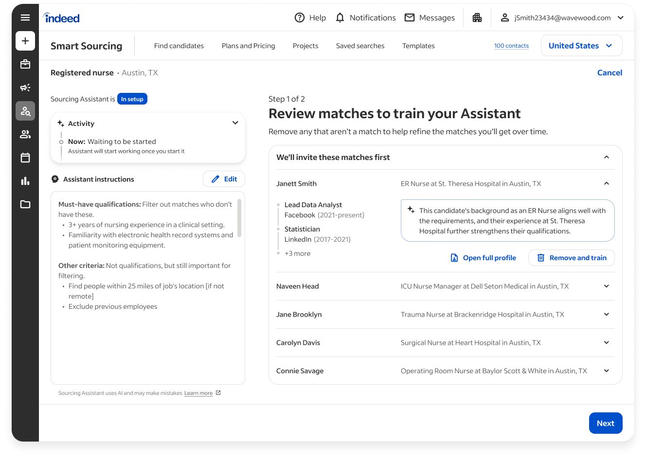 Trust-building UI showing the agent's candidate rationale and match quality signals alongside each shortlisted candidate