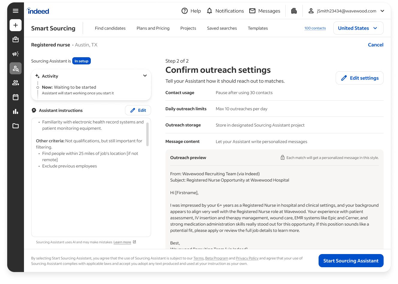 Outreach preview UI letting employers review and edit candidate messages before the agent sends them