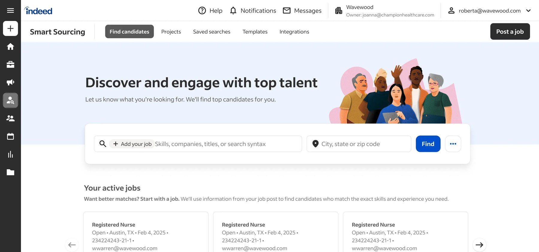 The Smart Sourcing home screen: a Find candidates tab with skills and location search, and a row of active Registered Nurse job cards beneath it