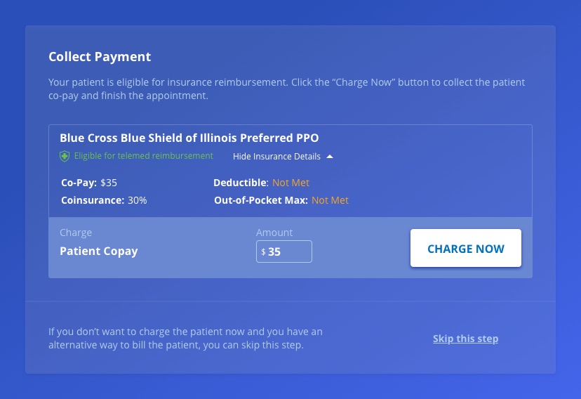 The same panel with insurance details expanded, listing co-pay $35, coinsurance 30%, and deductible and out-of-pocket maximum both marked Not Met, above the pre-filled charge amount and Charge Now button