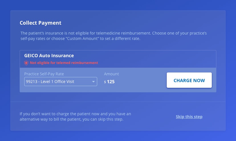 The ineligible state: the patient's plan is flagged in red as not eligible for telemed reimbursement, and the charge row swaps to a practice self-pay rate dropdown set to "99213 - Level 1 Office Visit" at $125