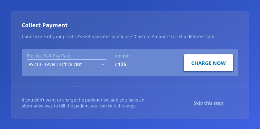 The self-pay state for practices with insurance processing turned off entirely: no insurer row at all, just a practice self-pay rate dropdown, an amount, and Charge Now