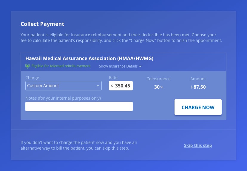 A coinsurance case: the plan is eligible and the deductible has been met, so the doctor enters a custom rate of $350.45 and the panel calculates the patient's 30% share as $87.50, alongside an internal notes field