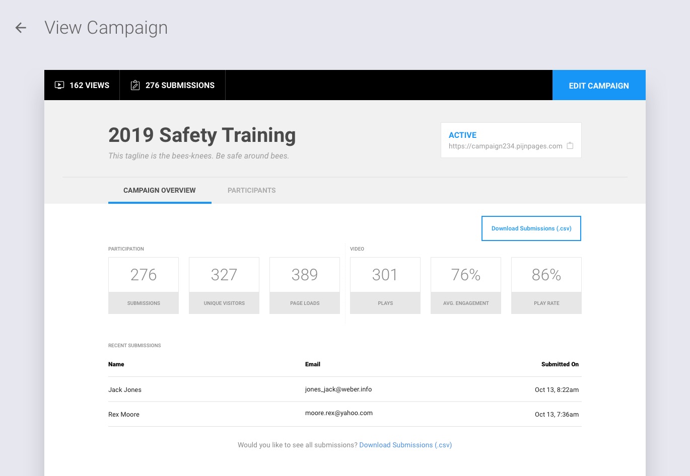 The campaign dashboard for 2019 Safety Training, with a live URL, participation counts of 276 submissions, 327 unique visitors and 389 page loads, video metrics of 301 plays, 76% average engagement and 86% play rate, a recent submissions table, and a CSV export