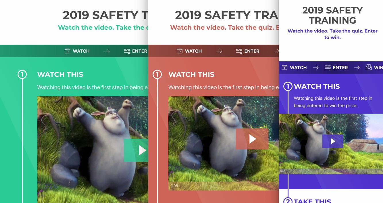 The same generated campaign page shown three times side by side in green, red, and purple color schemes, at progressively narrower widths, with the step navigation and video module reflowing to fit each