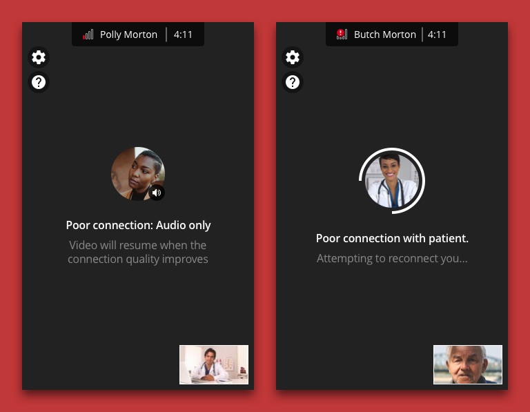 Two network error states side by side. One reads "Poor connection: Audio only — Video will resume when the connection quality improves" over the participant's avatar; the other reads "Poor connection with patient. Attempting to reconnect you…"