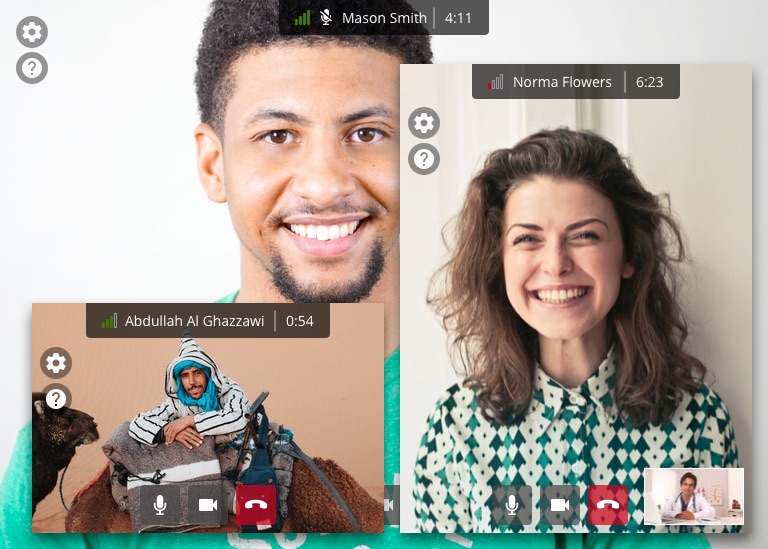 Three instances of the video call UI overlapping at different sizes, each keeping the participant name bar, settings and help buttons, mute and hang-up controls, and self-view thumbnail in the same relative positions