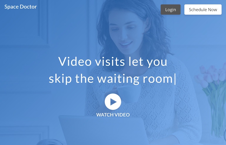 A generated landing page for a practice branded "Space Doctor", with the headline "Video visits let you skip the waiting room" over a tinted photo, a Watch Video play button, and Login and Schedule Now actions in the header